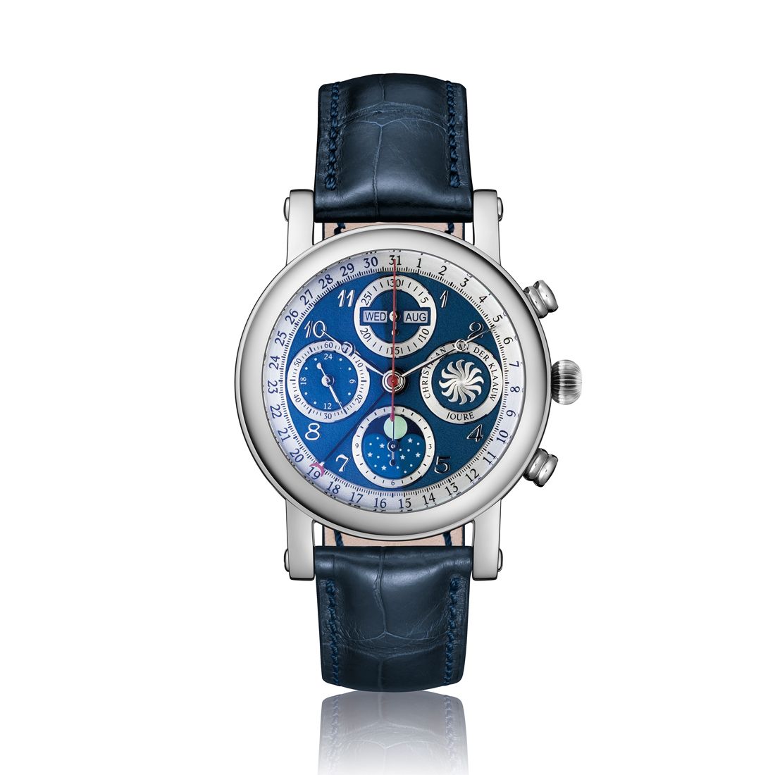 Astronomische horlogerie op z’n best, in een modern, sportief design. Deze chronograaf geeft de verstreken seconden, minuten en uren aan. Het horloge heeft een volledige datum-aanduiding, maanstand indicatie en de aanduiding van tijd op een 24-uurs schaal. Onderin op de 6 uurs positie is de maanstand af te lezen. Wanneer de Maan links van het midden staat bevindt de Maan zich in het eerste kwartier. Wanneer de beeltenis in het midden staat is het volle Maan en aan de rechterkant van het midden bevindt de Maan zich in het laatste kwartier. Indien de Maan niet zichtbaar is ziet men in het venster een prachtige sterrenhemel en is het nieuwe Maan.